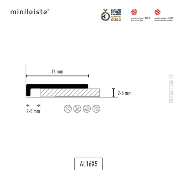 minileiste® alumiinium lõpuliist AL16x2 (mõõdud)