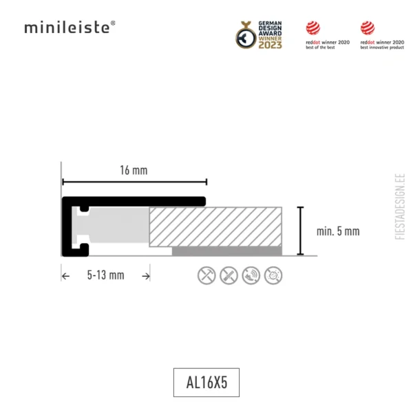 minileiste® alumiinium lõpuliist AL16x5 (mõõdud)