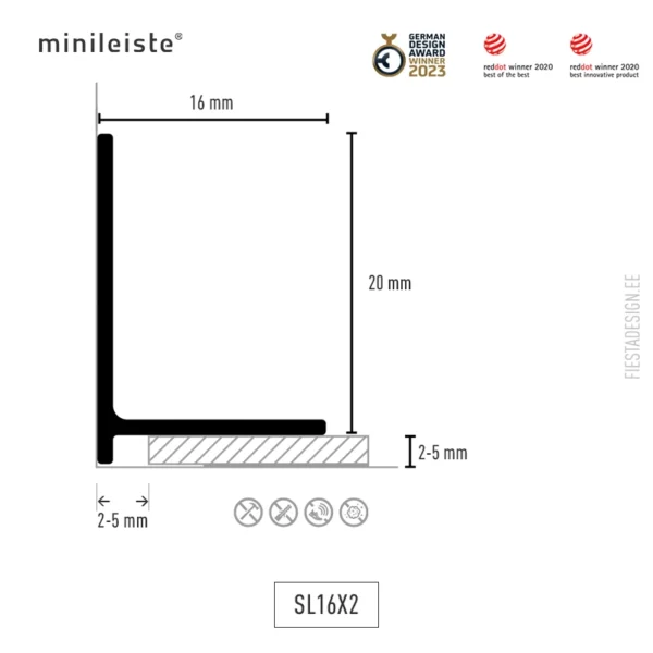 minileiste® alumiinium mini-põrandaliist SL16x2 (mõõdud)