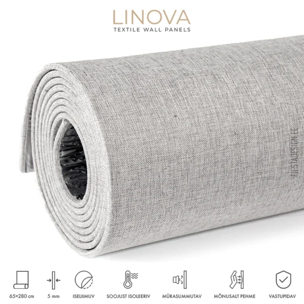 Soojusisolatsiooni- ja akustiliste omadustega tekstiilkattega paneel LINOVA LWP-A005 (helehall)